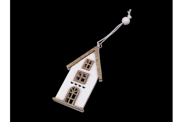 Drevený domček - s glitrami malý na zavesenie / Drevený domček - s glitrami malý na zavesenie - Biela-zlatá